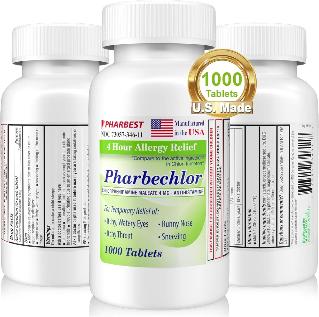 Ulai 4 Hora Alivio de la Alergia 1000 Ct [Made in USA] ← Itchy, Ojos Acuosos, Runny Nose, Sneezing, Sinus Relief ← Chlorpheniramine Maleate 4 mg ← Antihistamine Allergy Medicine Pharbechlor (1 Bottle)