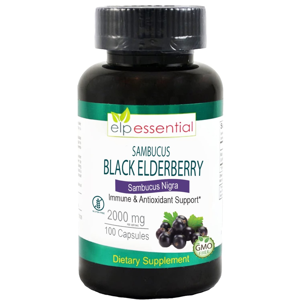 ELP ESSENTIAL Black Elderberry Capsules 2000mg Silencio 100 Conde ← Super Concentrated Sambucus Extract,Antioxidant e Immune