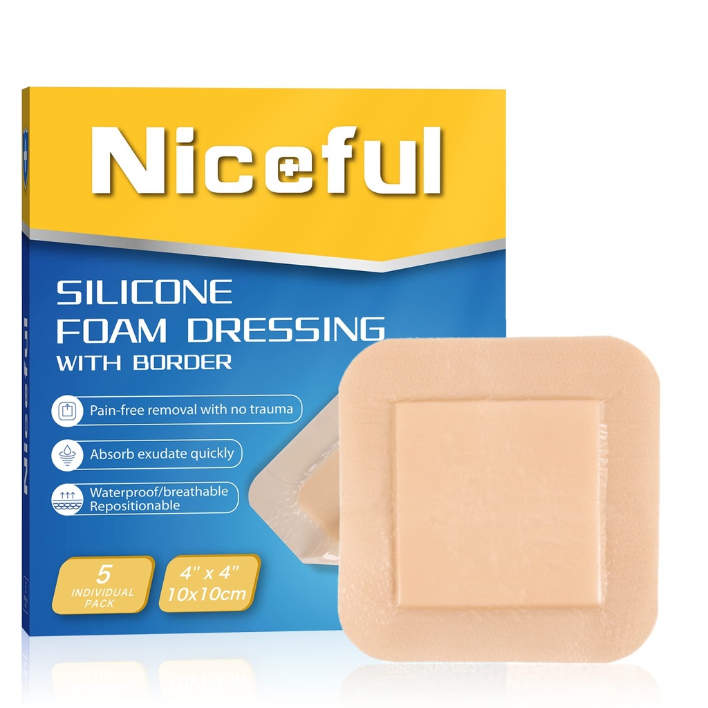 Silicona Foam Dressing 4"x4", Bandas de silicona impermeables con Adhesivo Fronterizo, Alta Absorbencia Cama Sore Bandages Wound Care Dressing (2.5"X2.5" Pad), 5 Packs, FSA HSA Eligible