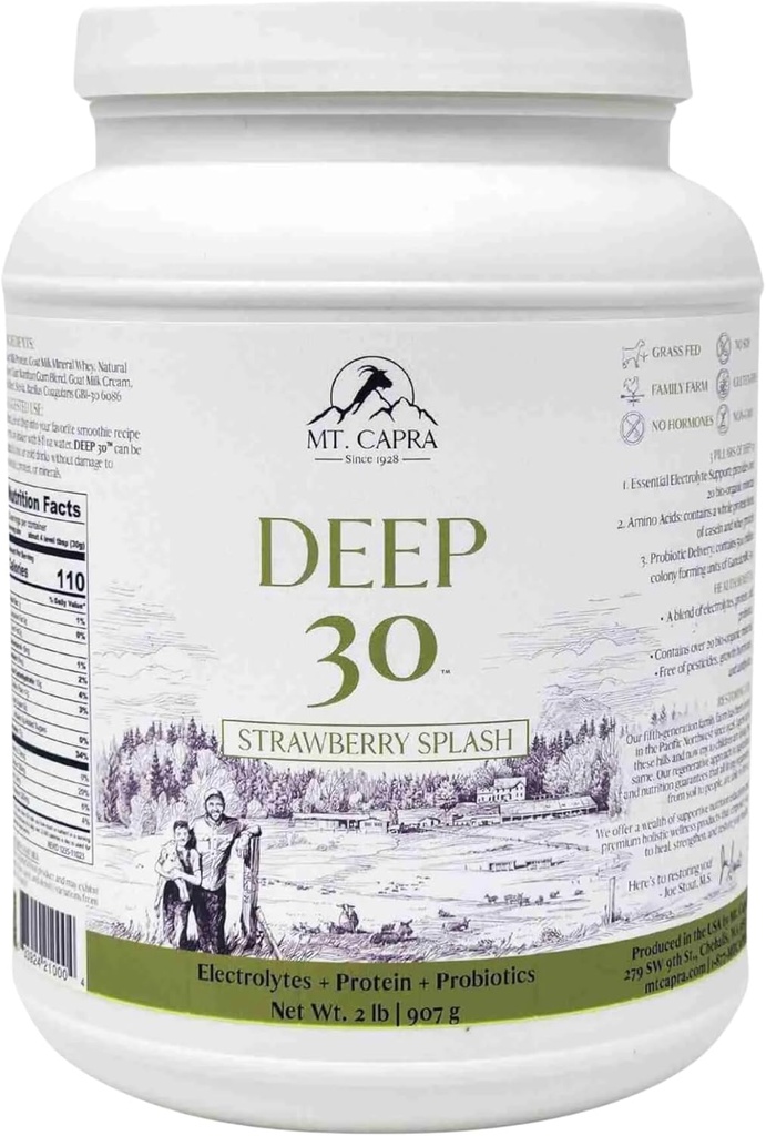 Mt. Capra Deep 30 Shake, Goat Protein Powder with Grass-Fed Whey Protein, Casein Protein, Minerals, and BC-30 Probiotics ← Strawberry Splash ← 30 Servings - 2 Libras