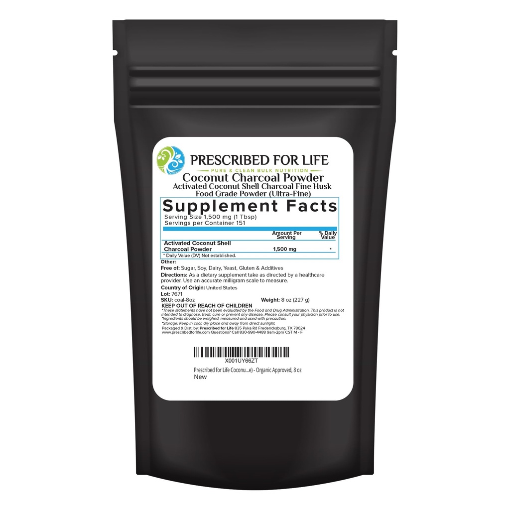 Prescrito para la vida Pólvora de carbón activado, cárculo de cáscara de coco ultra fino del cáscara de alimentos pólvora (8 oz)