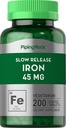 Piping Rock Iron Suplemento 45 mg  200 Tablets  durable for Women ' Men TEN Slow Release Ferrous Sulfate ← Vegetarian, Non-GMO & Gluten Free
