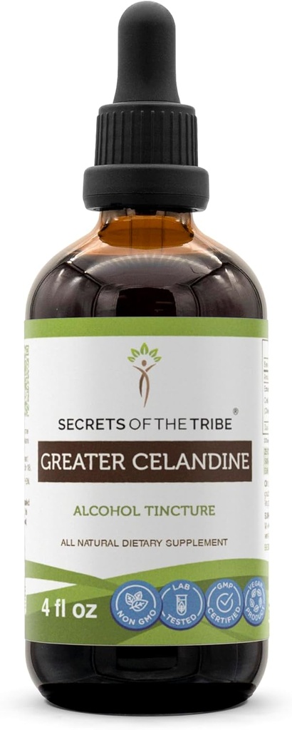 Secretos de la Tribu Mayor Celandina Tintura Extracto de Alcohol, Gran Celandina (Chelidonium majus) 4 OZ