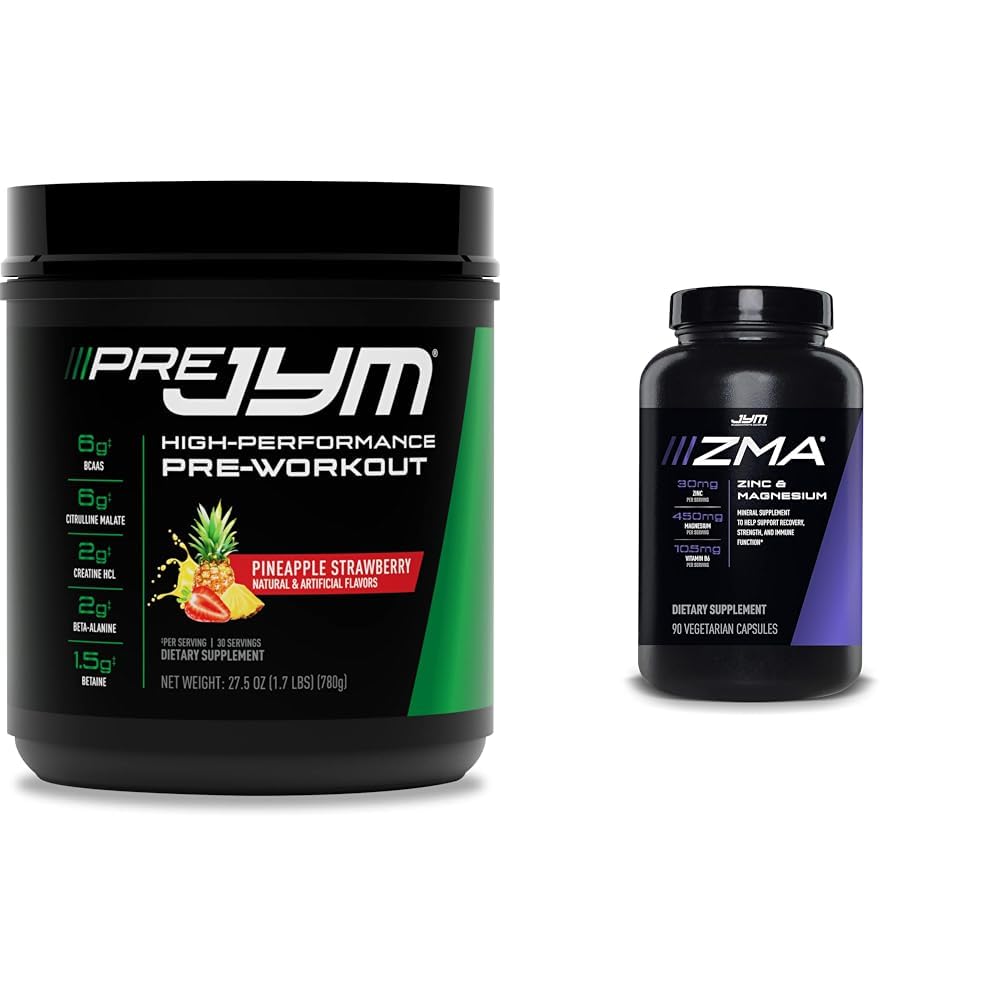 PRE JYM 30 Servidores Pineapple Strawberry &amp; JYM ZMA Zinc/Magnesium Capsules Suplemento 90 cápsulas vegetarianas