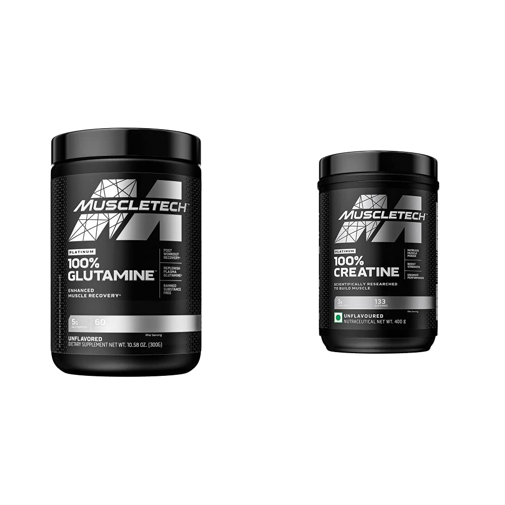 MuscleTech Creatine Monohydrate Powder Platinum Pure Micronized Muscle Recovery + Builder &amp; owder 100% Pure L Glutamine Powder