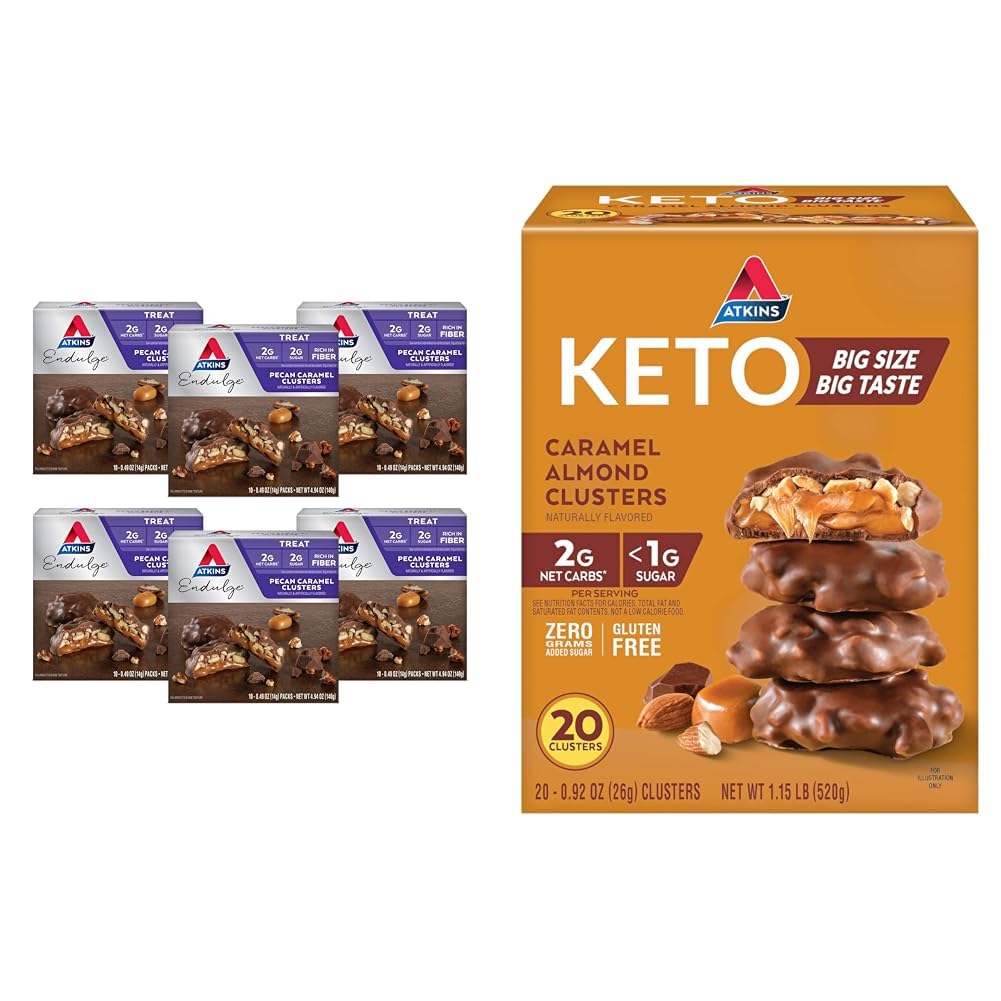 Atkins Pecan Caramel &amp; Caramel Almond Clusters, 60 &amp; 20 Conde, Fibra Alta, Sugar Bajo, Carb