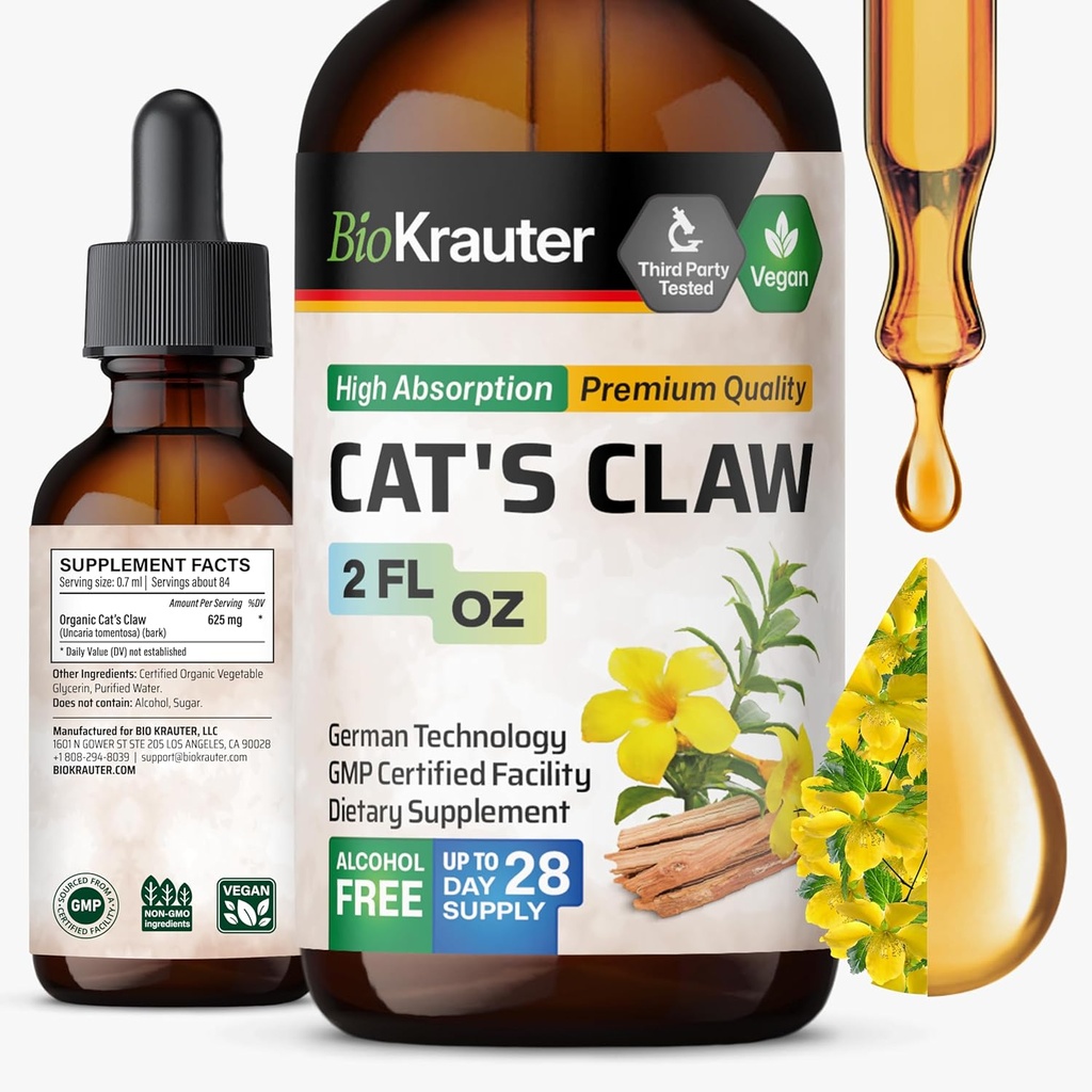 BIO KRAUTER Cats Claw Tincture - Suplemento de Garra de Gato Vegano - Apoyo Inmunitario - Alcohol & Sugar Extracto Libre - Gotas Vegan 2 Fl.Oz.