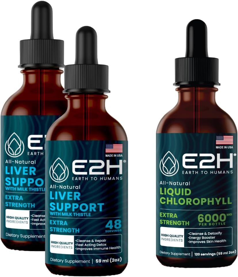 E2H: Suplemento de apoyo al hígado (2 Pack - 4 Fl Oz) y Chlorophyll Liquid Drops (Single Bottle - 2 Fl Oz) ANTE Vegan, Non-GMO - (6 Fl Oz Total) - Bundle