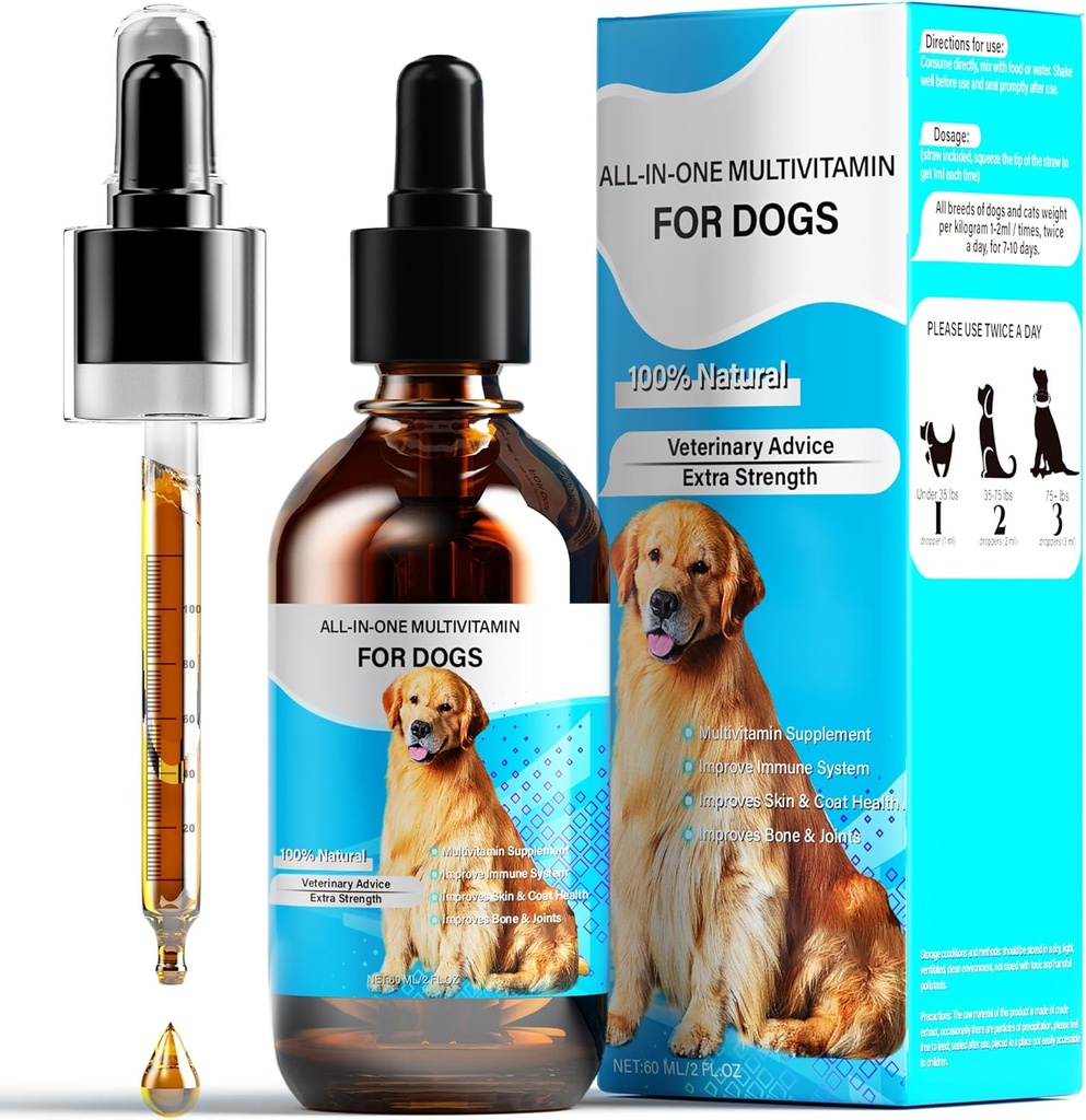 Vitaminas para perros Líquido, 13-In-1 Perro Multivitamina Extra Strength para mejorar la Digestiva del perro &amp; Inmune, Esquí, Carne &amp; Salud Conjunta, 60 Ml Nature Dog Vitaminas y Suplementos para toda la edad Tamaño del perro criado