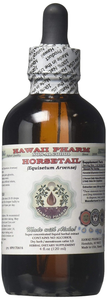 Extracto líquido libre de alcohol, cola de caballo orgánico (Equisetum arvense) Herb seco Glycerite Hawaii Pharm Natural Herbal Suplemento 4 oz
