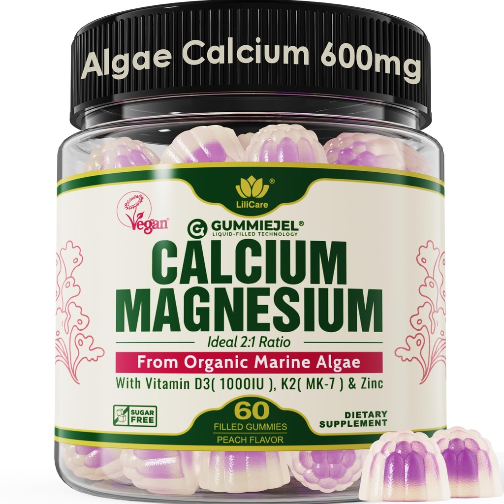 Calcio con base vegetal Gummies 600mg con vitamina D3 K2, Magnesio, Zinc for Bone Strength, Suplementos de Calcio Libre de Azúcar para Hombres (Certificado Vegan) de Algas Rojas orgánicas sostenibles - 60 Condes