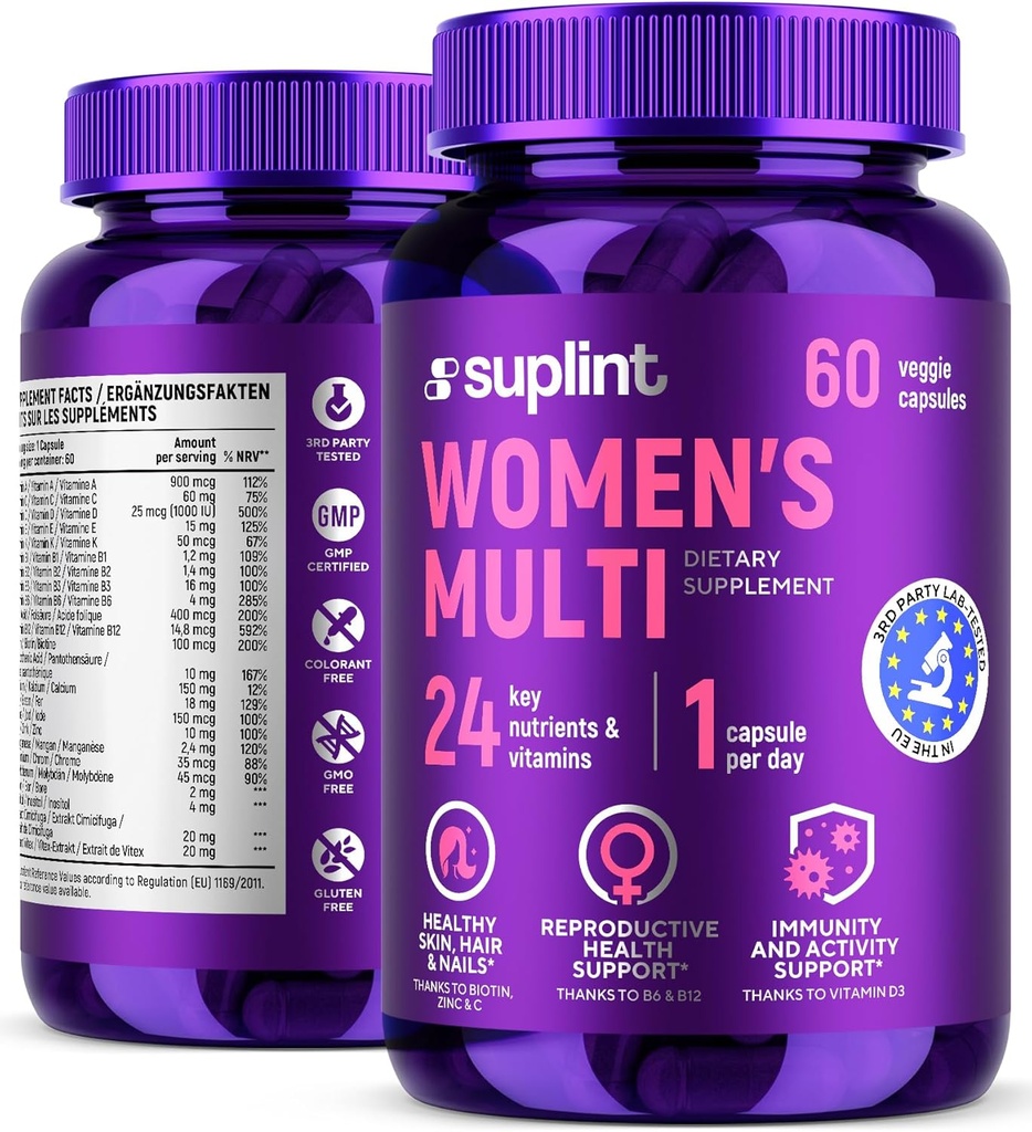 Suplemento multivitamínico para las mujeres sometidas Complejo completo con vitamina A, C, D, E, B12, Zinc & More peru Hair, Skin & Nail Beauty Vitaminas ANTE Reproductive, Activity & Immune Support Suplemento Ø 60 cápsulas