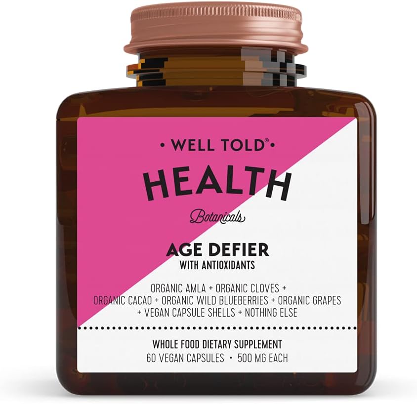 Suplemento de apoyo a la piel envejecida - Defierto de edad de la salud bien dicho con Amla orgánica, Cacao y Resveratrol de Uvas orgánicas - No GMO + Vegan (60 cápsulas)