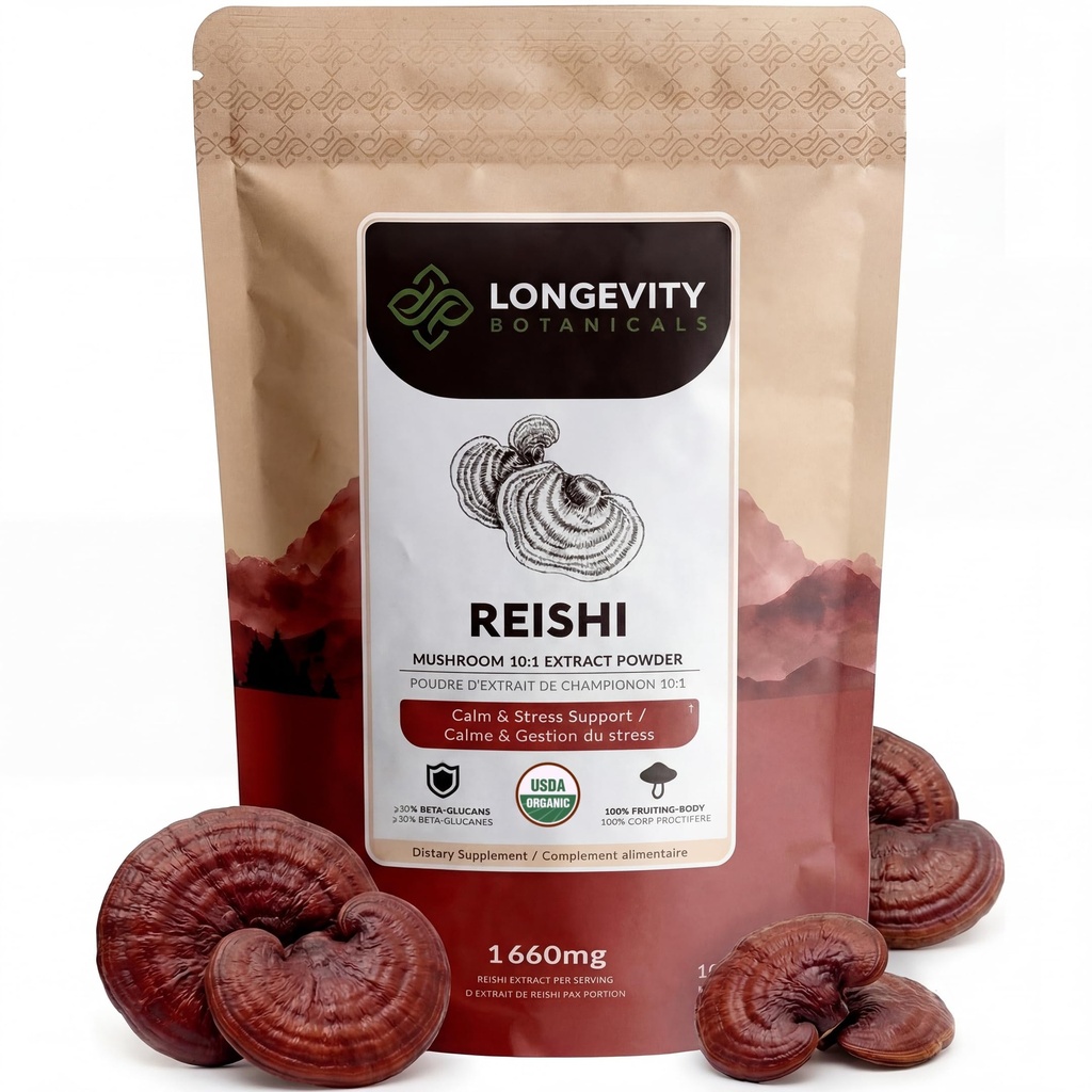 Longevity Botanicals Orgánica Reishi Mushroom Extract Powder 100g TEN Concentrated 10:1 Ratio TEN 100% Fruiting Bodies TEN Lingzhi (Ganoderma lucidum) Suplemento Natural para Immune, Stress & Sleep Support