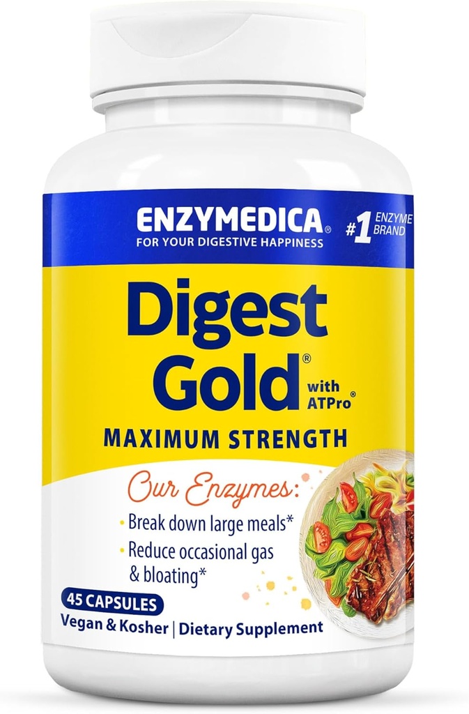Enzymedica Digest Gold + ATPro, Maximum Strength Digestive Enzymes, Ayudas Digest Grandes Comidas para el Alivio de Bloating Instant, 45 cápsulas