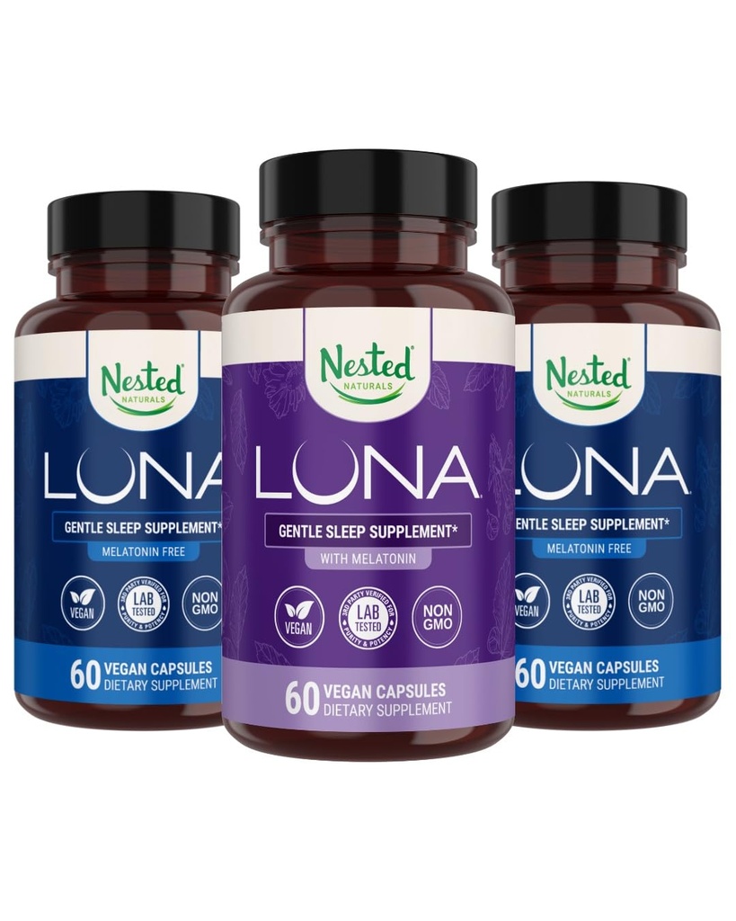 Naturales Anidados Luna Melatonin-Free (120 cápsulas veganos) & Luna Natural Sleep Aid with Melatonin (60 cápsulas veganos) for Deep Sleep ← Non-Habit Forming