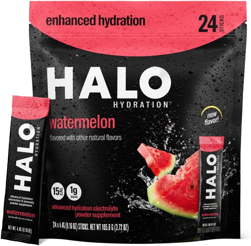 Halo Hydration - Electrolyte Drink Mix ← Hydration Powder Packets ← Watermelon Flavor – para los deportes y el ciclismo ← Easy Open Single Serving Stick (24 Pack)