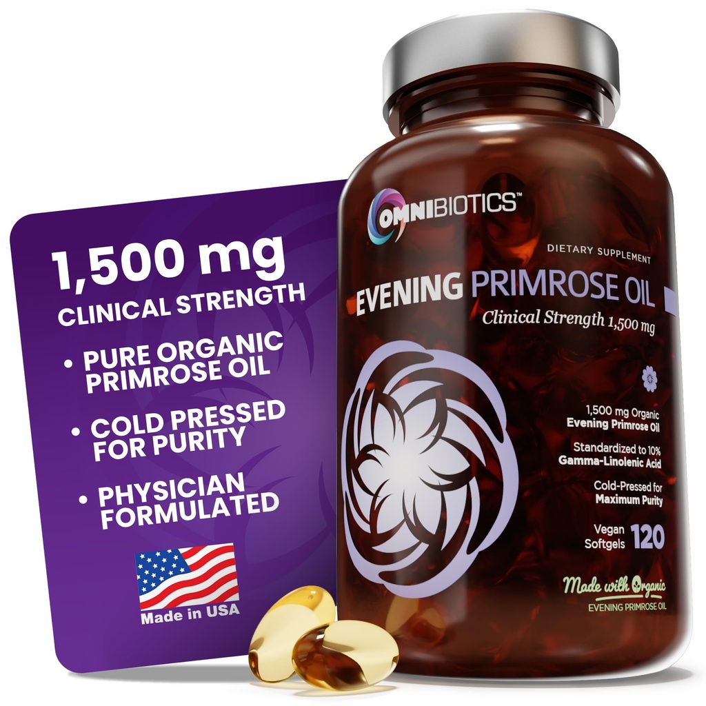 OmniBiotics Organic Evening Primrose Oil for Women – Clinical Strength 1500mg per Capsule, 10% GLA, Cold-Presed, Non-GMO, Hormone Balance for Women – 120 Vegan Softgel Capsules