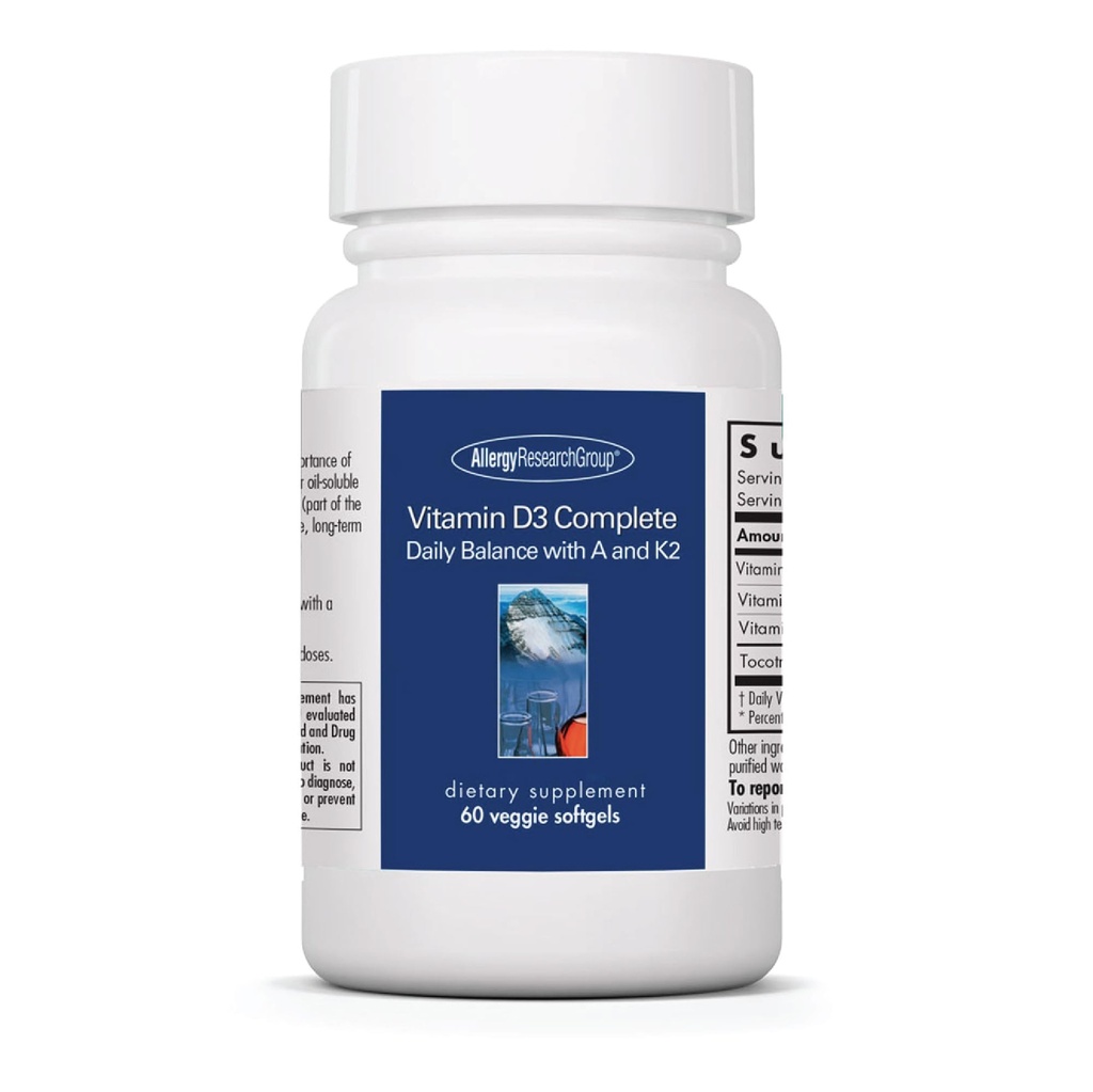 Allergy Research Group Vitamin D3 Complete - Vitamina D3 y K2 Suplemento, Daily Balance, con Vitamina A, DeltaGold Tocotrienols, High Potency, Veggie Softgels - 60 Cuenta
