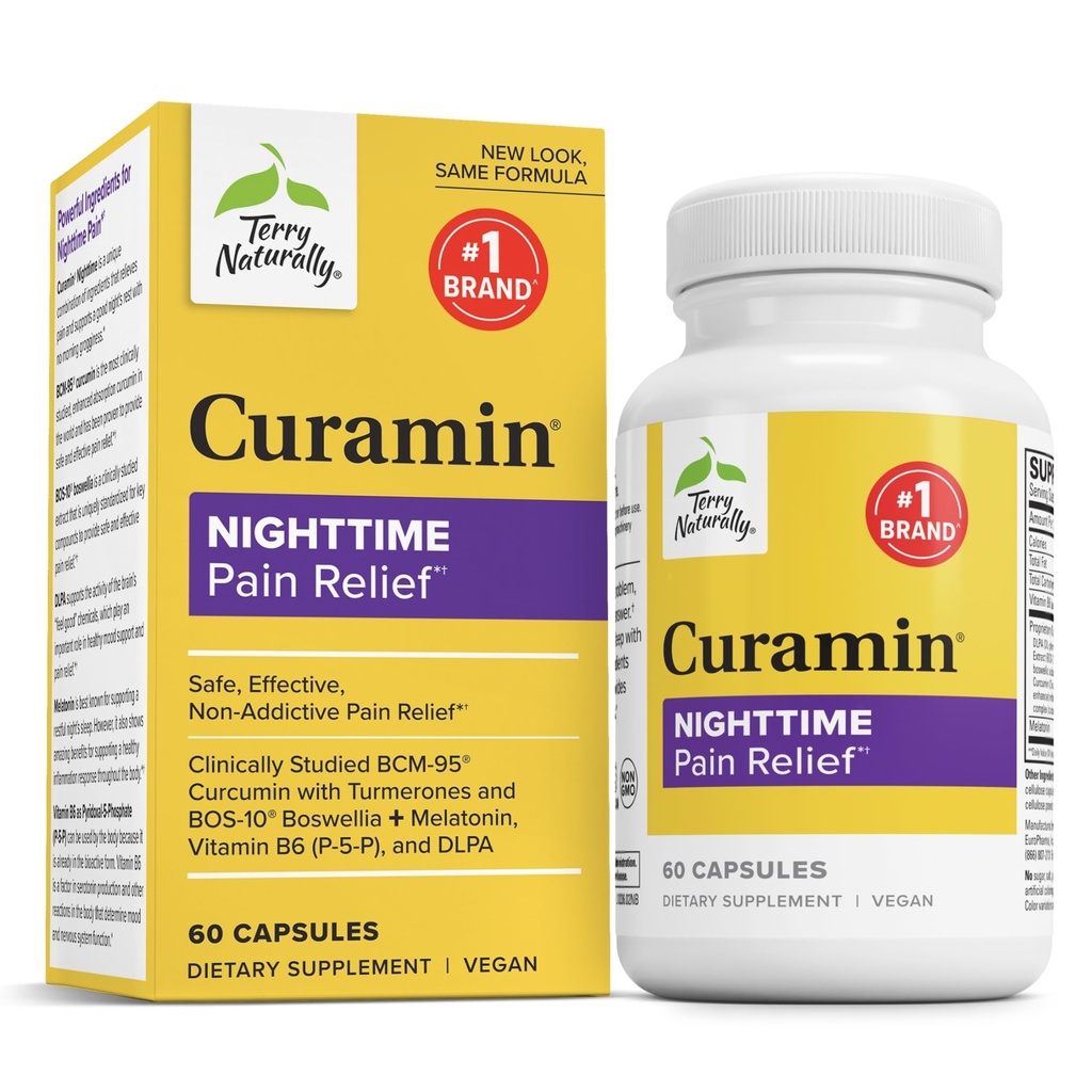 Terry Naturalmente Curamin Nighttime - Curcumin &amp; DLPA Capsule Supplement - Non-GMO Supplement to Support Healthy Sleep & Relaxation - Herbal Supplement with Melatonin - 60 Capsules