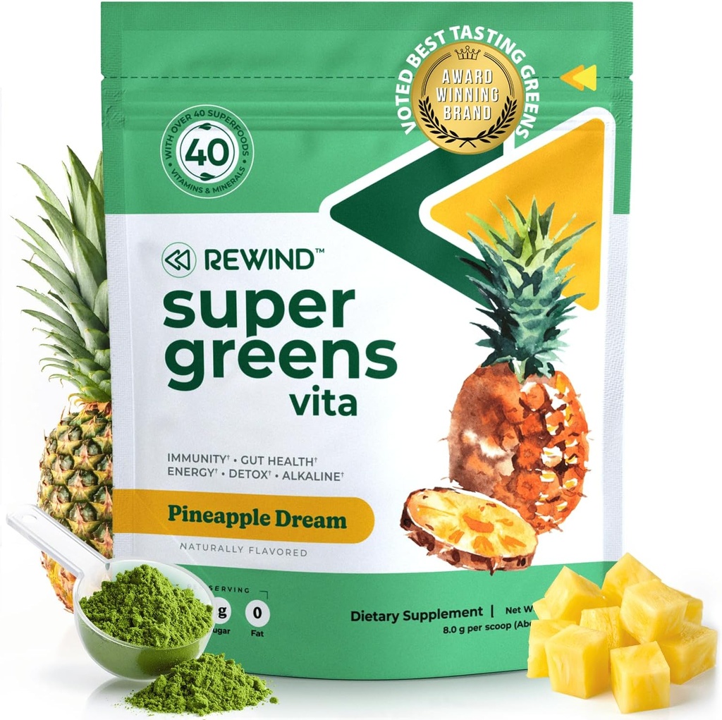 Mejor Tasting Super Greens Polvo con 40+ Superfoods – Delicious Daily Green Powder con vitamina B12, zinc, vitamina C, magnesio y calcio – Green Juice Superfood Mix - Pineapple Flavor