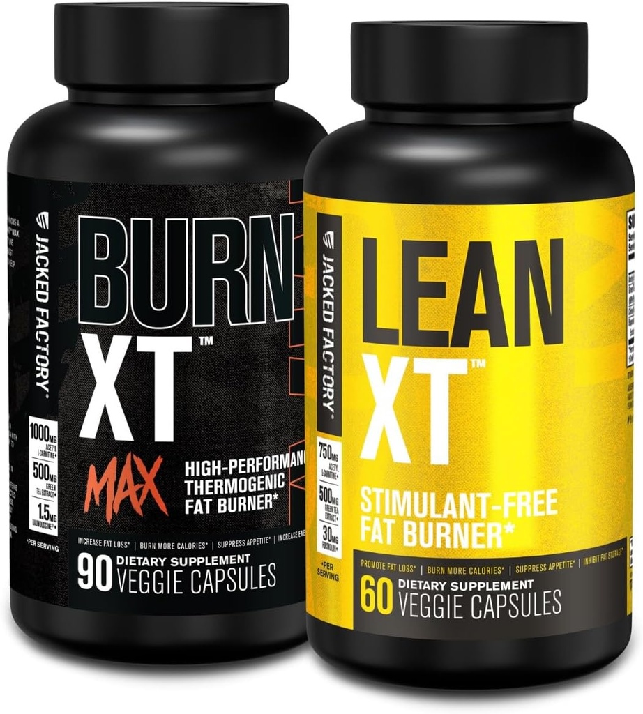 Jacked Factory Fat Burning Stack - Burn XT Max High Performance Fat Burner (90 cápsulas) - Lean XT Stimulant-Free Weight Pérdida Amplificador y supresión competitiva (60 cápsulas)