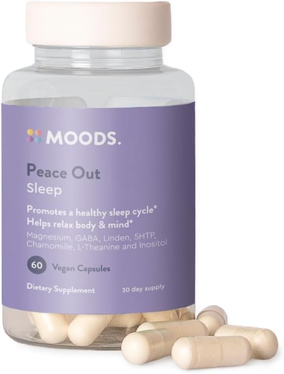 Moods ¦ Peace Out Silencio Natural Sleep Aid Supplement TEN Deep Sleep. Relájate y cálmate para mejores noches Descansa Ø Magnesium, GABA, Chamomile, 5-HTP, L-Theanine, Myo-Inositol ANTE 60 cápsulas Vegan durante 30 días