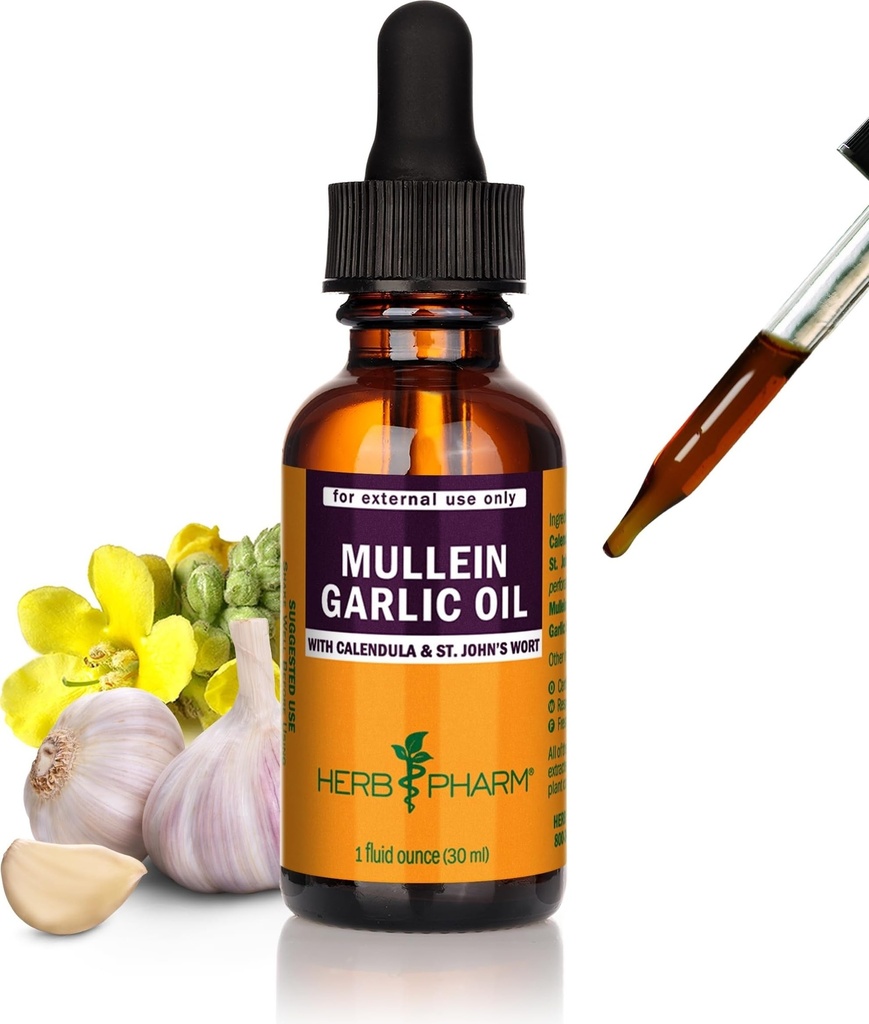 Herb Pharm Mullein Aceite Herbal Ajo - contiene Calendula, Ajo, Flor Mullein, Hierba de San Juan, Aceite de Oliva, 1 onza