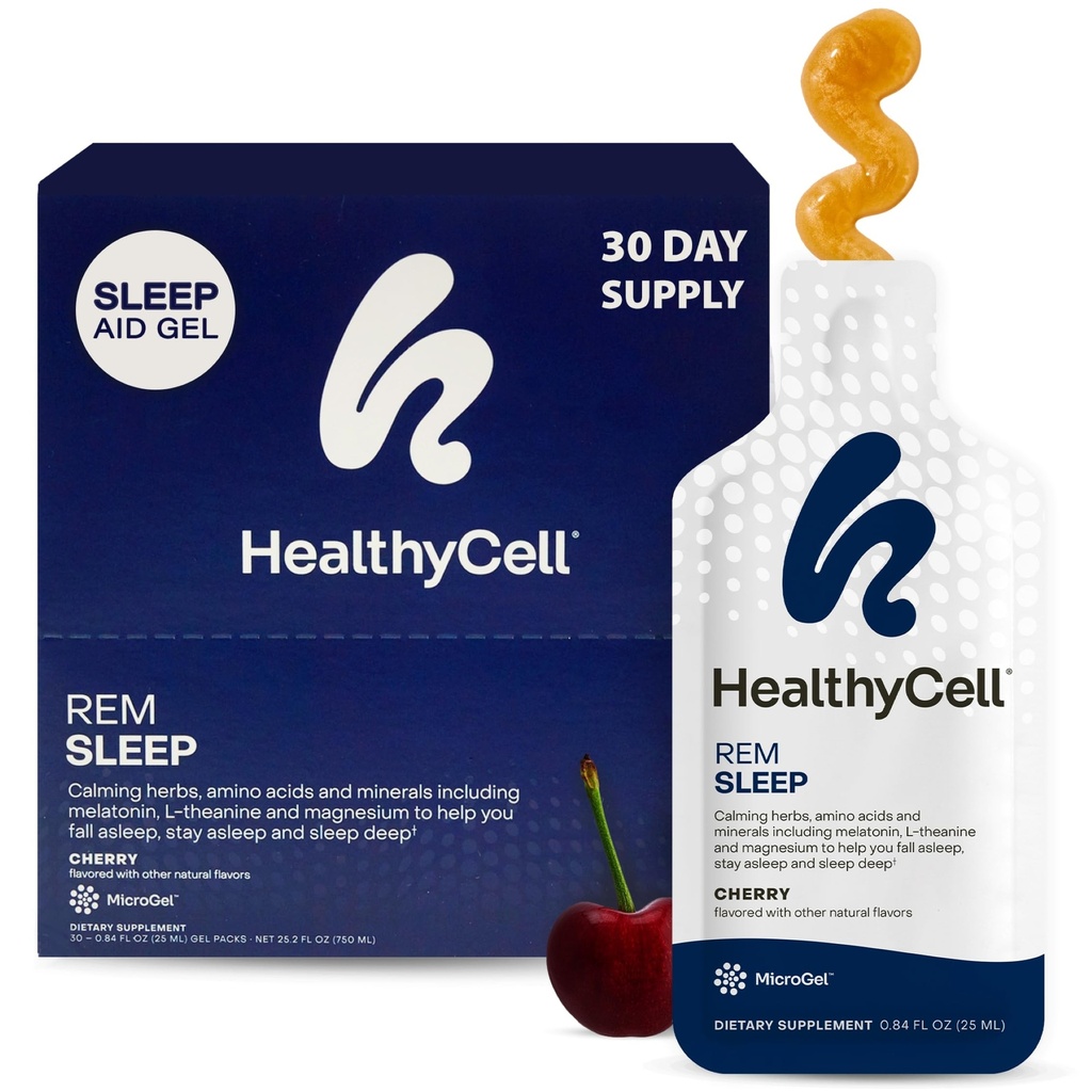 Suplemento de Ayuda para el sueño REM saludable para adultos - Gel líquido suplemento de sueño de fuerza extra con melatonina, magnesio, L-Theanine, GABA " Natural Calming Herbs - 30 Gel Packs, Cherry Flavored