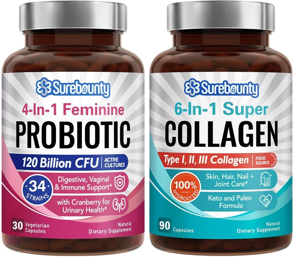 Probiótico + colágeno Bundle, 4-en-1 Feminine Probiotic (30ct) & 6-in-1 Super Collagen (90ct), 2 Packs, Arándano, Digestivo &amp; Saludable Aging Support, Non-GMO