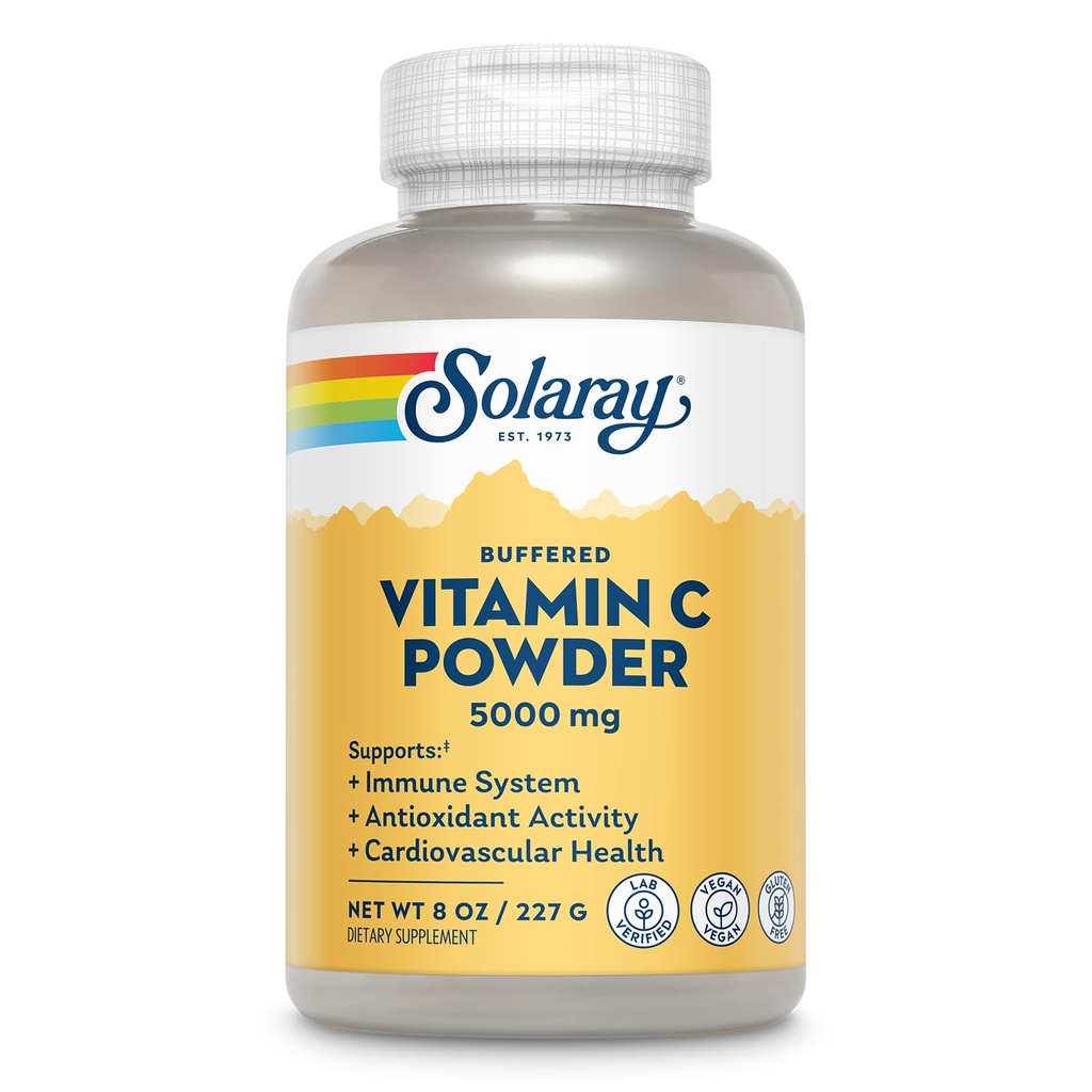 Solaray Vitamina C Ascorbic Acid Powder 5000mg - Powdered Vitamina C Suplemento para Hombres " Mujeres, Immune " Skin Support, Natural Antioxidant, Mix in Water, Juice, o Smoothie, Vegan - 8 oz