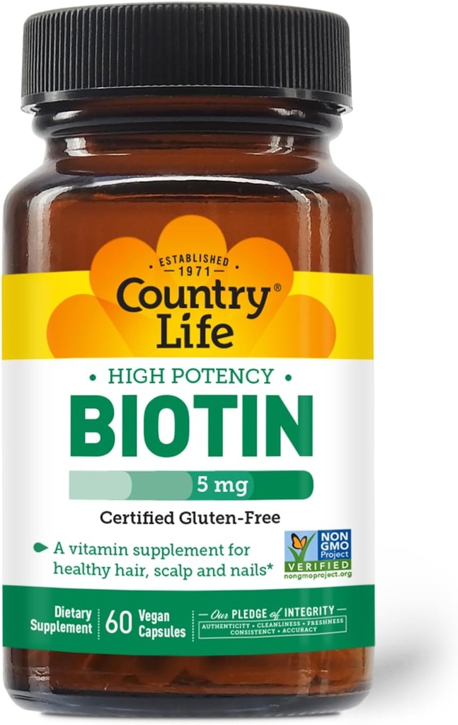 [BRSWIYQ6CAAQOFDE] Country Life - Biotin High Potency, 5 mg - 60 cápsulas Vegan