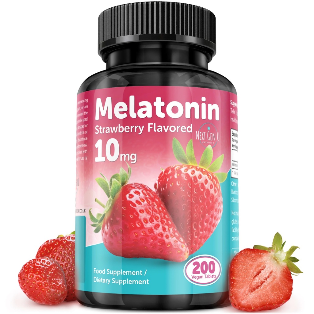 Melatonina Tabletas - 10 mg Suplemento dietético - Flavorado de fresa - 200 tabletas Vegan - por NextGenU