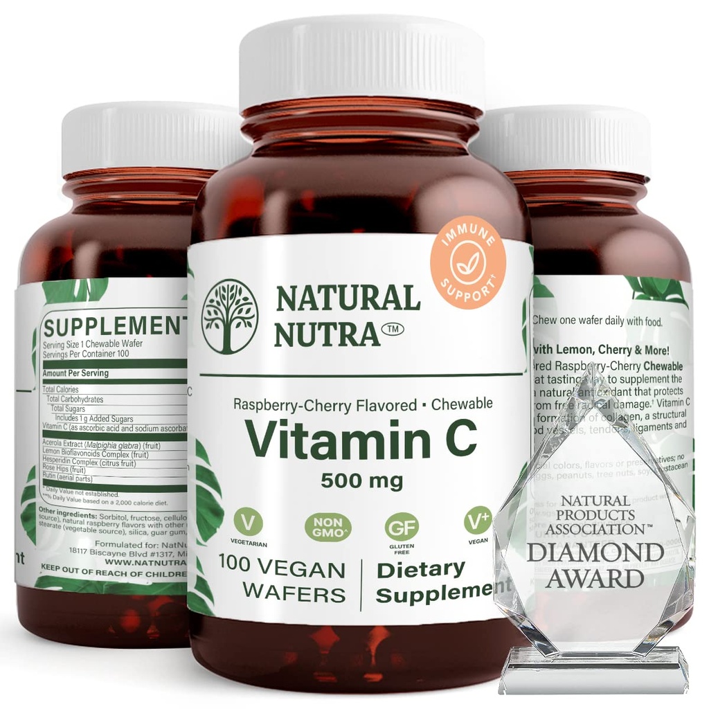 Suplemento Natural Nutra Vitamina C para niños y adultos, Booster Inmune, ayuda a apoyar la salud ósea, proteger la piel y la salud cardíaca, fuente vegetal, 500 mg, 100 Wafers Vegan