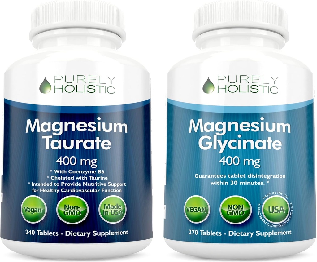 Magnesium Taurate 400mg + Magnesium Glycinate 400mg - alta absorción & alta biodisponible - Bundle vegano - 270 + 270 Tabletas