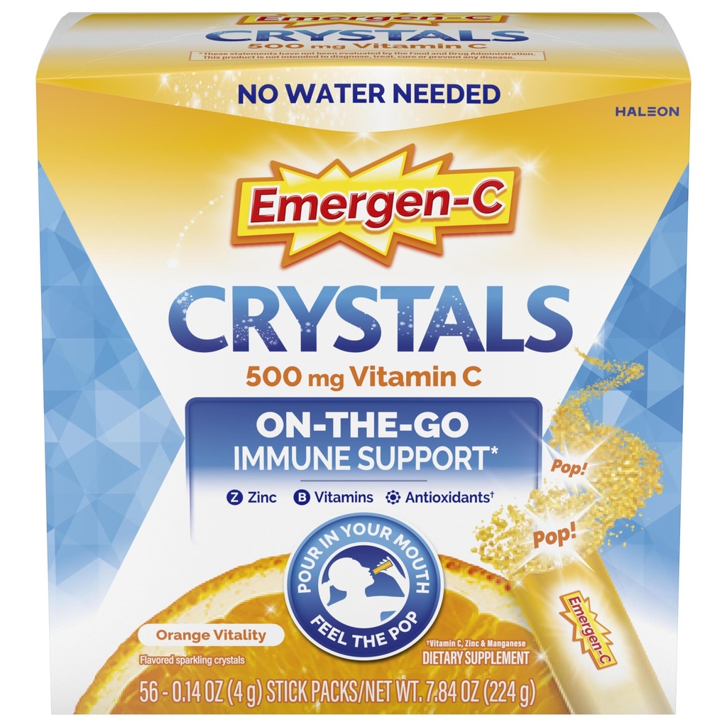 Emergen-C Crystals, On-the-Go Emergen-C Immune Support Supplement with Vitamin C, B Vitamins, Zinc y Manganese, Orange Vitality - 56 Stick Packs