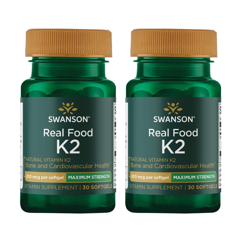 Swanson Maximum Strength Vitamin K2 (Menaquinone-7)-Vitamin Supplement Supporting Cardiovascular and Bone Health-Made from Japanese Natto to Help Regulate Calcium (30 Softgels, 200mcg Cada) (2 Pack)