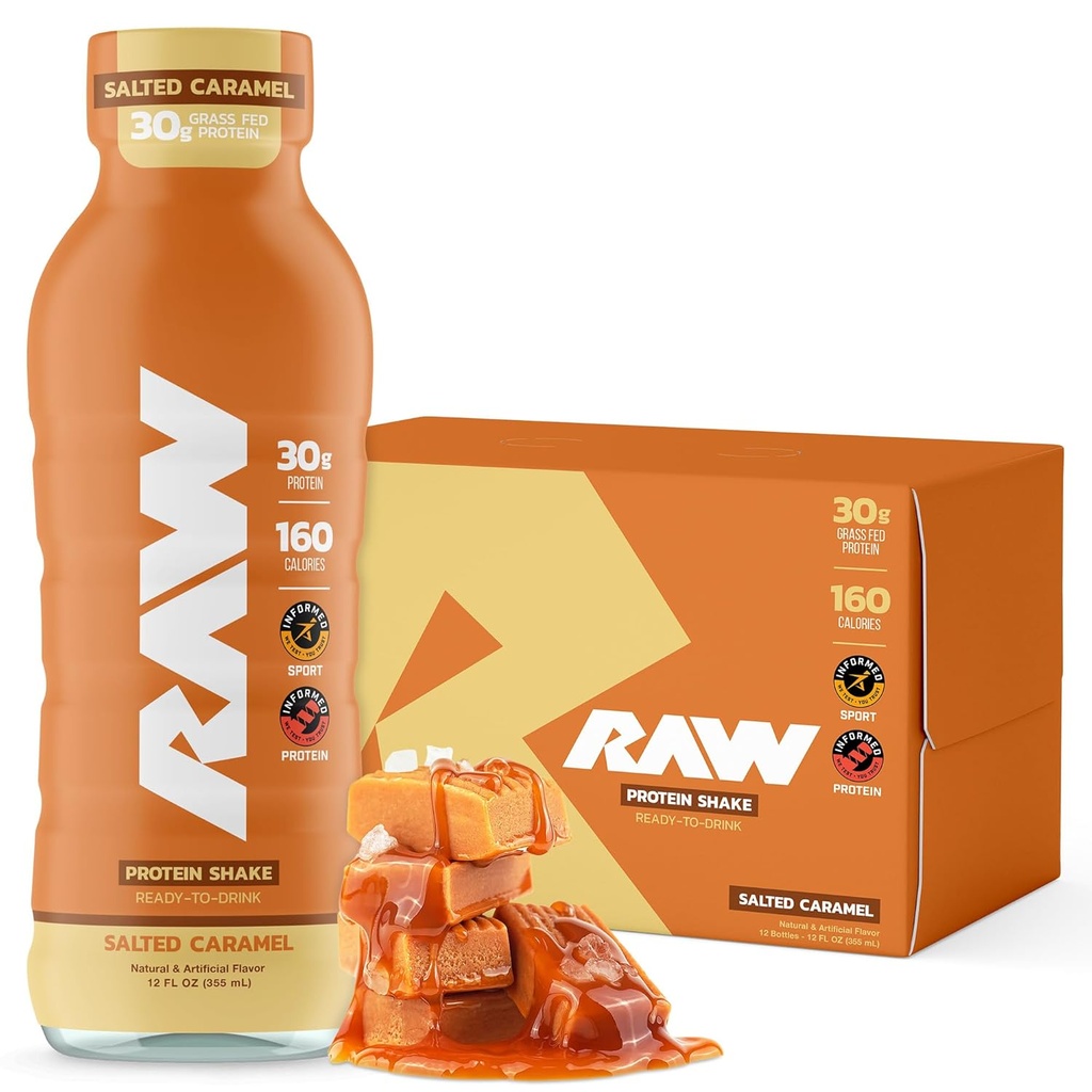 RAW Listo para beber Protein Shake, Salted Caramel - RTD Protein Bebidas con Grass Whey Protein Isolate para Post-Workout - Zero-Sugar &amp; Gluten-Free Meal Replacement Drink &amp; Breakfast Shake, 12 Fl Oz