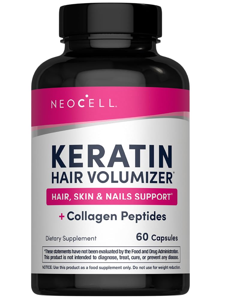 Volumizador de pelo de queratina NeoCell con colágeno, extracto de amla y vitamina C, suplemento de pelo y piel, cápsula, 60 cuenta, 1 botella