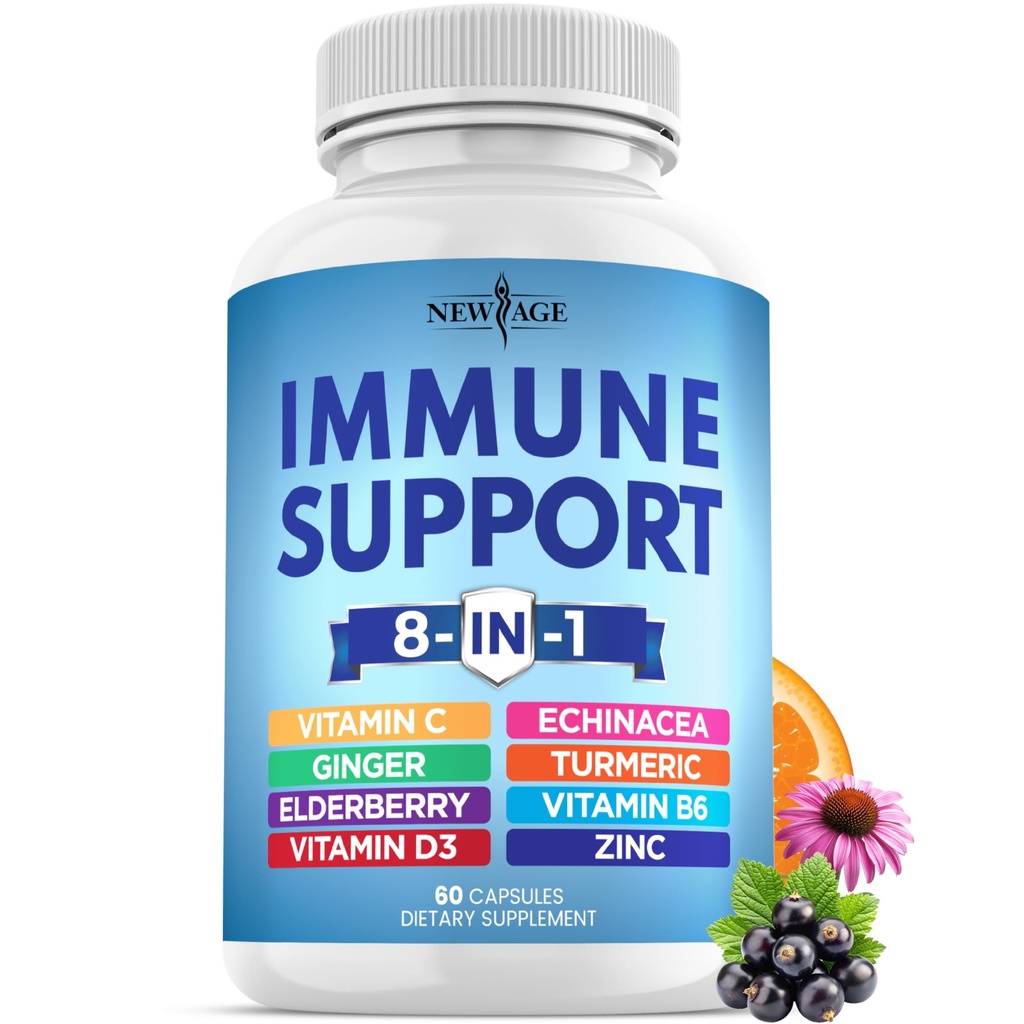 NEW AGE 8 in 1 Immune Support Booster Supplement with Echinacea, Vitamina C and Zinc 50mg, Vitamina D 5000 UI, Turmeric Curcumin &amp; Ginger, B6, Elderberry 60 Conde (Pack of 1)