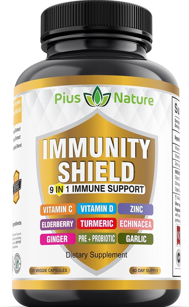 9-en-1 Apoyo inmunológico Vitamina C (1000mg), Vitamina D3 (5000 UI), Zinc(22mg) con Elderberry, Turmeric, Echinacea, Ginger, Ajo y Pre+Pro-Biotic per Serving (120 caps per Bottle - 2 Month Supply)