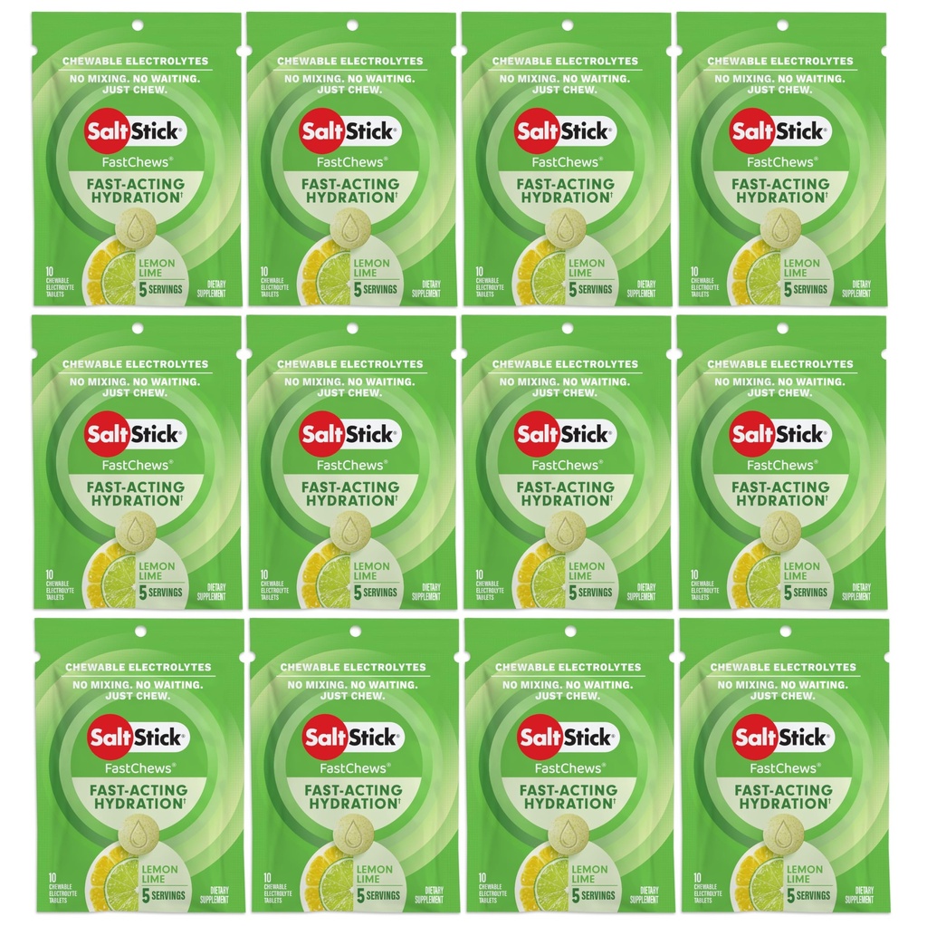 SaltStick Electrolyte FastChews Tablas Chewable, Limo de limón, 120 cuenta, 12 paquetes de 10 tabletas cada uno
