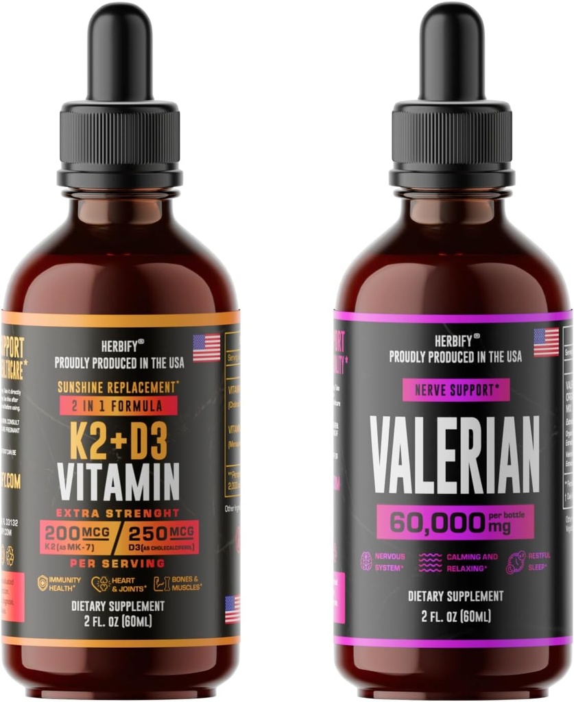 HERBIFY Bundle - K2 y D3 Drops & Valerian Root Tincture - Soporte del sistema Nervous