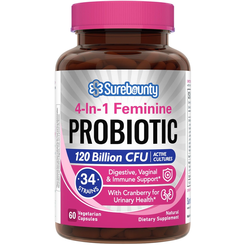 Probióticos para Mujeres, 120 Billones CFU 34 Strains, Prebióticos, Enzimas Digestivos, Arándano, Probiótico Femenino 4-en-1, Digestivo, Vaginal, Apoyo Inmunitario, 60ct