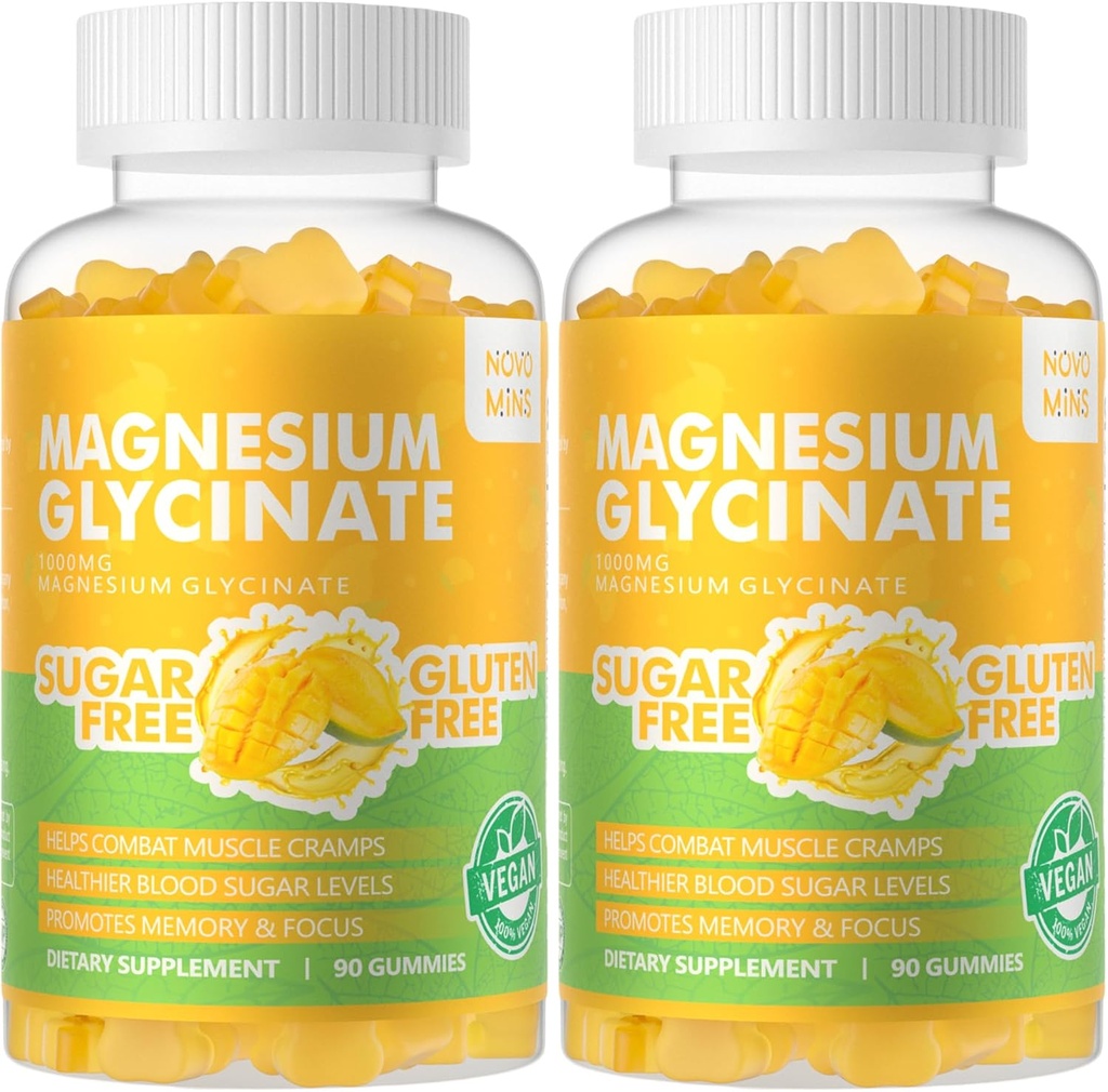 Magnesio Glycinate Gummies 1000mg - Suplemento de Potasio de Magnesio Libre de Azúcar con Vitamina D, B6, CoQ10 para calma Mood & Sleep Support - 180 Mango Pineapple