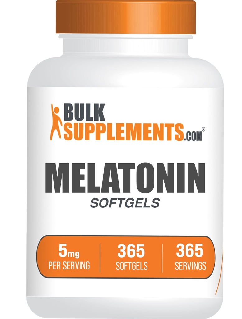 BulkSupplements.com Melatonin 5 mg Softgels - Melatonina para adultos, Suplemento de sueño - 5 mg Melatonina por ser, Gluten Gratis, 1 Softgel por ser, 365 Conde (Pack of 1)