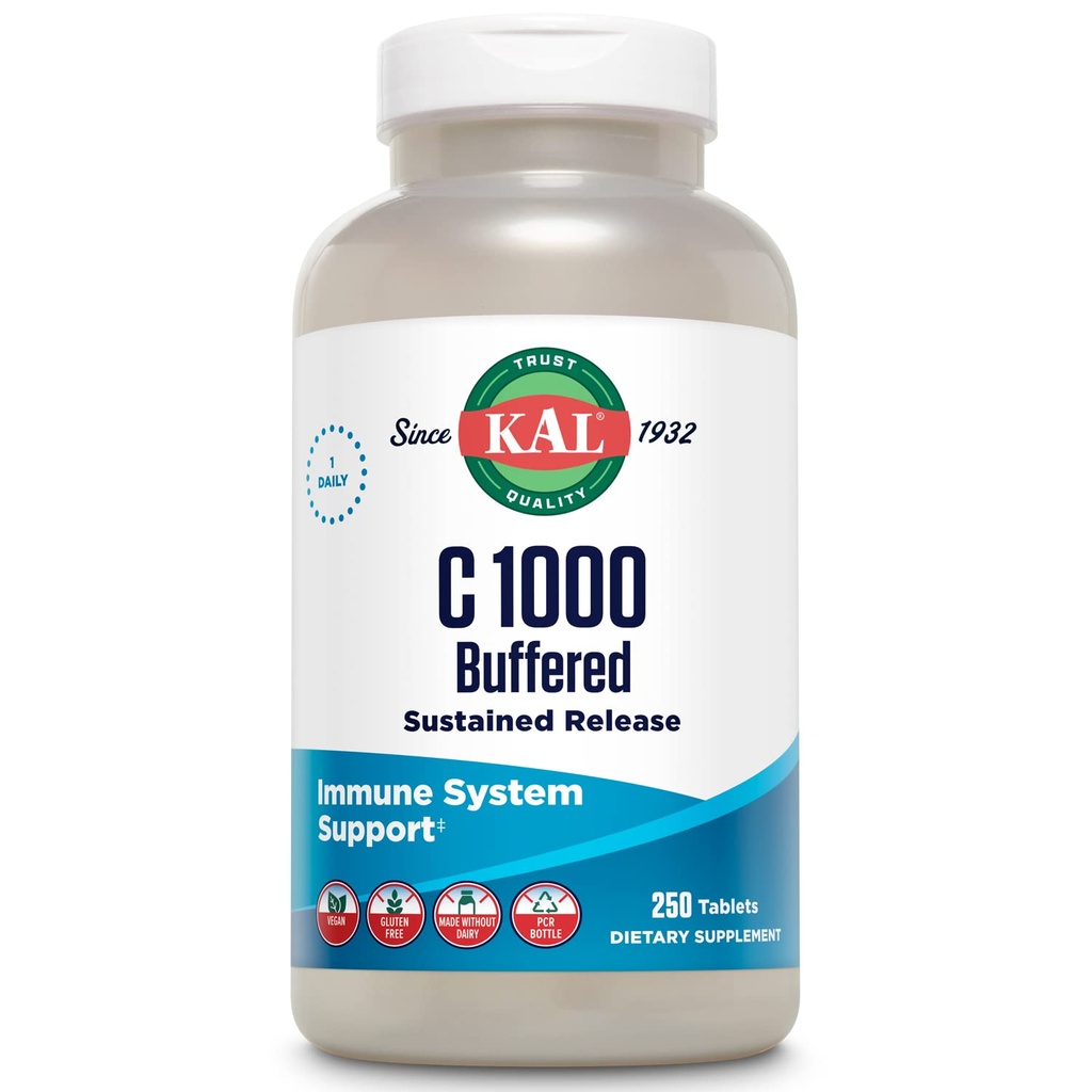 KAL C 1000 Buffered, Sustained Release Vitamin C 1000mg - Immune Support Supplement for Women and Men - Buffered Vitamin C Tablets with Calcium Ascorbate - Vegan, Gluten Free - 250 Tablets