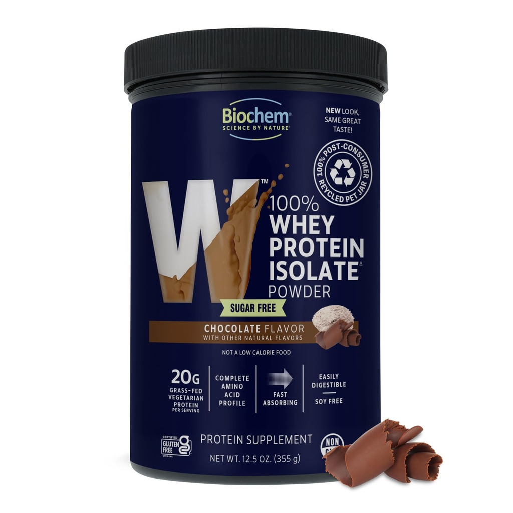 Biochem 100% Whey Chocolate sin azúcar 20g, 12.5oz, Vegetariano certificado, Gluten certificado gratis, no GMO certificado, Keto Friendly, Grass-Fed