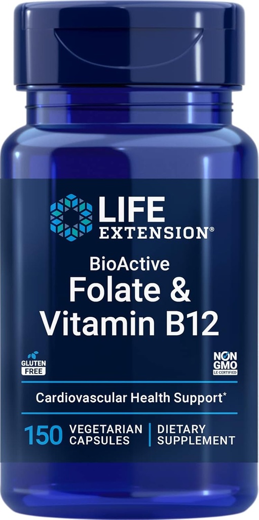 Ampliación de vida BioActive Folate &amp; Vitamina B12, 150 cápsulas vegetarianas - Non GMO, Gluten Free Supplement