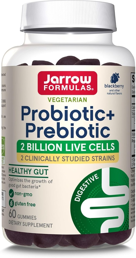 Jarrow Formulas Probiótico+ Prebiótico Suplemento dietético, Salud Digestiva, Gut Flora+ Salud Inmune - 2 Billones CFU - 2 Strains clínicamente estudiados - 60 Gummies - Blackberry Flavor